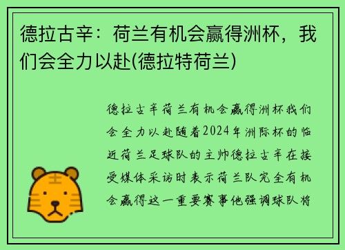 德拉古辛：荷兰有机会赢得洲杯，我们会全力以赴(德拉特荷兰)
