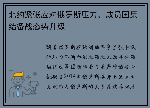 北约紧张应对俄罗斯压力，成员国集结备战态势升级