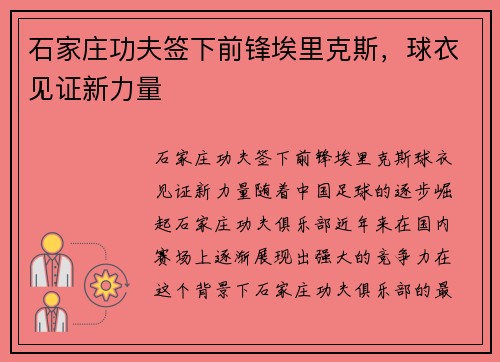 石家庄功夫签下前锋埃里克斯，球衣见证新力量