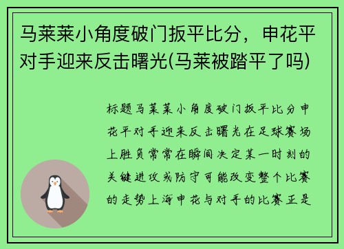 马莱莱小角度破门扳平比分，申花平对手迎来反击曙光(马莱被踏平了吗)