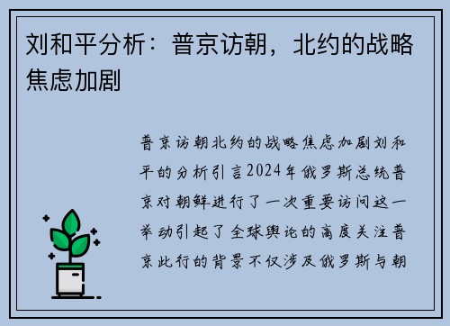刘和平分析：普京访朝，北约的战略焦虑加剧